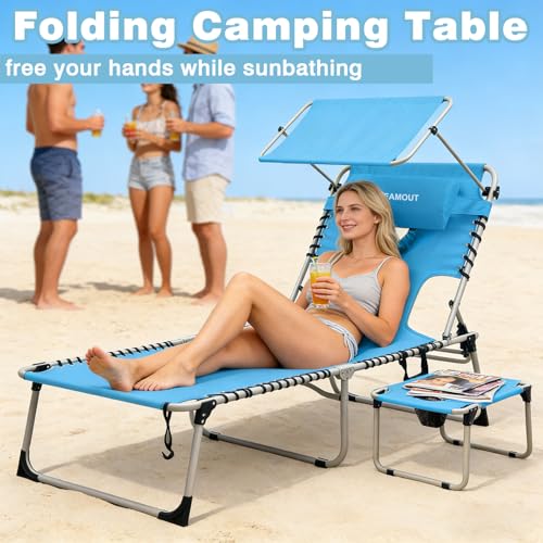 WKFAMOUT Outdoor Tanning Chair with Sun Canopy Shade & Face Hole, Folding Lounge Chair with Beach Table and Carry Bag for Poolside Sunbathing Lawn by WKFAMOUT - Used condition - Image 7