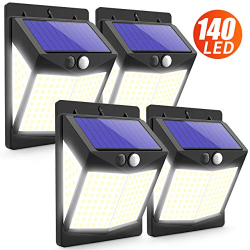 Claoner ?140 LED/3 Modes? Solar Lights Outdoor, Wireless Solar Motion Sensor Security Light Solar Powered Lights [2000mAh] Solar Wall Light for Front Door, Yard, Garage, Garden (4 Pack)