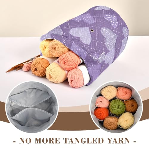 Image of Tatenale Crochet Bag Yarn Bag Knitting Project Bag with Pockets and Handle Portable Yarn Storage Organizer Tangle Free 8.3x11 Inch Lavender Romantic Hearts Valentines Gifts