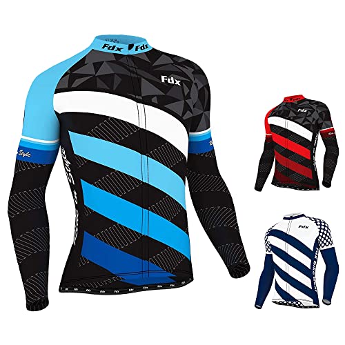 FDX Maillot de ciclismo clásico para hombre, transpirable, manga larga, cremallera completa, camiseta térmica de ciclismo con bolsillos traseros, ropa deportiva para correr, bicicleta de montaña