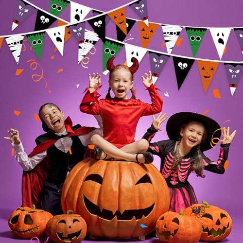 Image of 5 Pcs 49 ft Happy Halloween Banner Indoor Outdoor Halloween Party Decorations Pumpkin Ghost Banner Flags Haunted House Trunk or Treat Backdrop Garland for Wall Mantel Party Favors Supplies