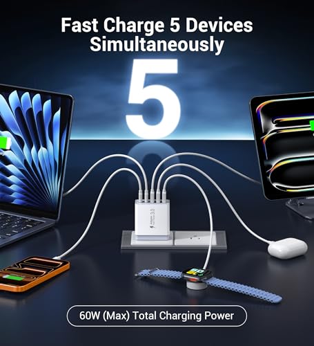 Image of 60W USB C Wall Charger Block, 2Pack 5-Port C Charger Fast Charging Block Dual PD Power Adapter&QC Wall Plug Multiport Type C Charging Cube Brick for iPhone 12 /13 /14 /15 /16 /17 Pro Max, iPad,Samsung
