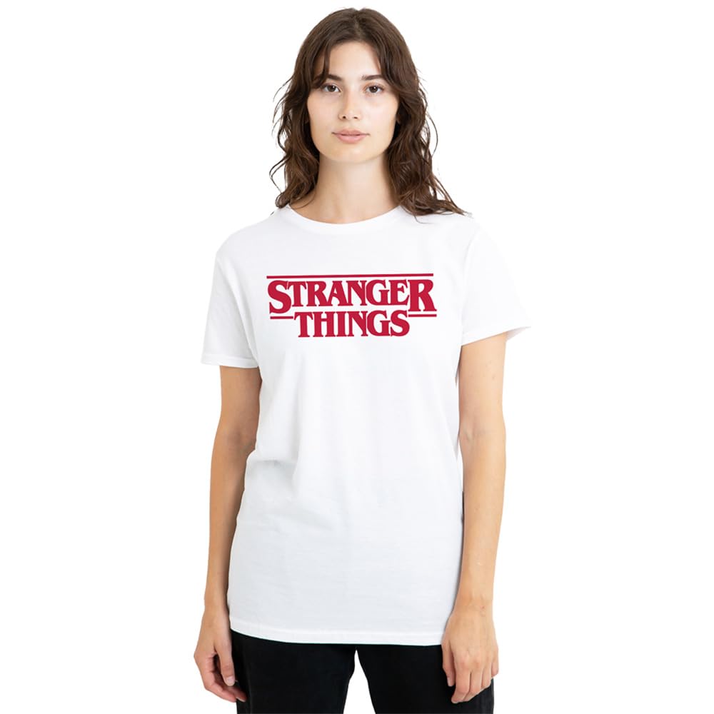 Stranger Things Womens Main Logo Ladies Shirt, White, White, M UK