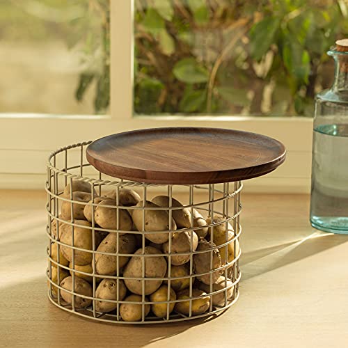 Image of Ellementry Twine Metal Wire Kitchen Vegetable Storage Basket with Wooden Lid, Fruit Basket for Pantry, Countertop Multi-Functional Fruit & Vegetable Organizer for Home & Kitchen Decor