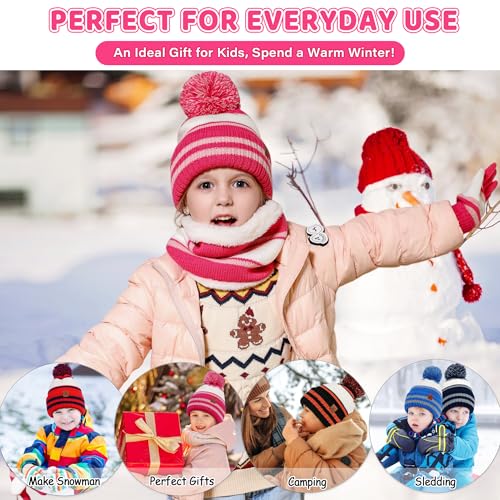 Image of Kids Toddlers Winter Hats Knit Warm Beanie Scarf Gloves Set for Boys Girls Age 2-7, Pompom Cap Neck Warmer Fleece Lined Gifts