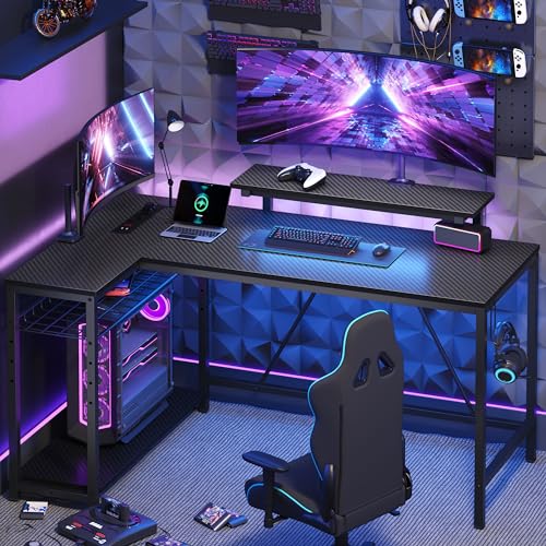 132 cm L-förmiger Schreibtisch mit Steckdosen & LED-Beleuchtung, umkehrbarer Eckschreibtisch mit Regalen, großer PC-Arbeitsplatz mit Haken für Home Office und Schlafzimmer – Bild 3