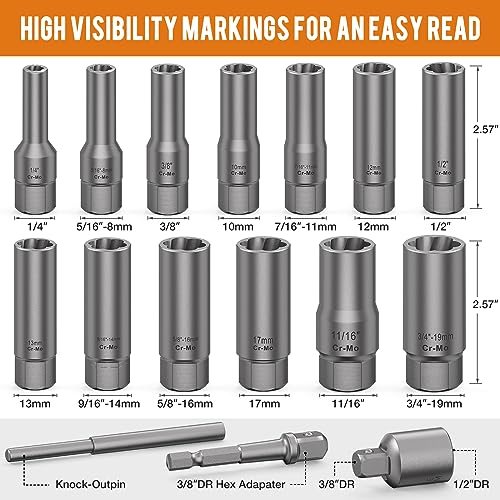 Image of 16PCS 3 /8 inch Drive Deep Bolt Extractor Set, Impact Bolt Nut Remover Set, Stripped Lug Nut Extraction Socket Set For Narrow Space Removing Broken, Damaged, Frozen, Rusted, Rounded-Off Bolts, Nuts, Stud