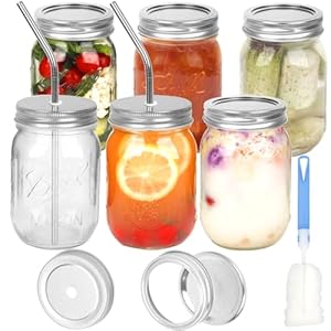 VORHOT 6 stuks Mason Jar, 500 ml inmaakpotten met luchtdichte schroefdeksel en 2 rietjesdeksels, helder glazen Meal Prep pot voor zelfgemaakte jam, conserven, overnight oats, sap