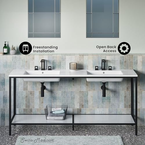 Image of Swiss Madison Pierre 72 Double, Freestanding, Open Shelf, Matte Black Metal Frame Bathroom Vanity
