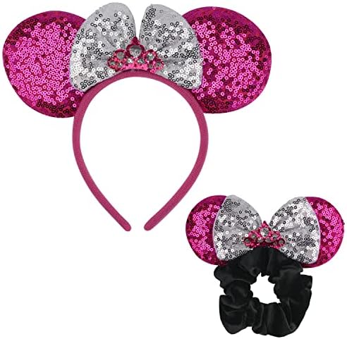 1 Pcs Shiny Headband and 1 Pcs Sequin Mouse Ears Velvet Scrunchies with Bow Hairs Accessories for Girls Women Adult Kids Birthday Party (Pinkcrown)