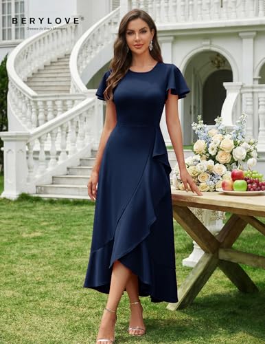 Image of BeryLove Women Formal Party Dress Flutter Short Sleeve Wedding Cocktail Long Evening Dress