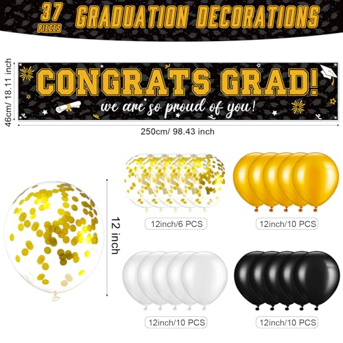 Image of 37Pcs Graduation Banner Balloon Decorations Class of 2026, Congrats Grad Banner Yard Outdoor Decorations, Graduation Balloons Banner Set for High School College Graduation Party Supplies, Black & Gold