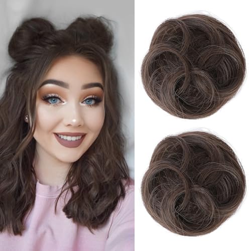 REECHO Space Bun Hair Pieces, 2 PCS Mini Claw Clip in Messy & Cat Ears Fake Hair Bun Extensions HB001 Wig Accessory Updo Hairpieces -Pack of 2-3.5" Wavy, Chestnut Brown