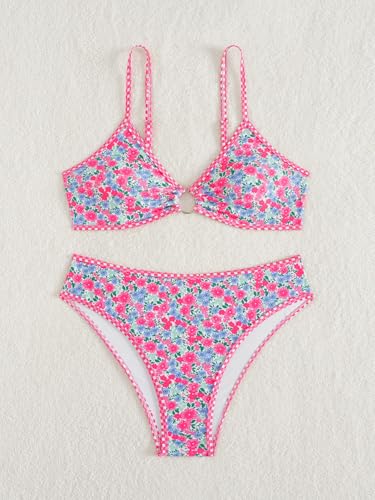 Image of Fanuerg Women's Triangle Bikini Sets O Ring Linked Two Piece Swimsuits Floral Printed Cheeky Bathing Suit