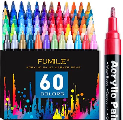 FUMILE Acrylic Paint Pens, 60 Colors Paint Marker Pen Set include Metallic Color (12 PCS) and Normal color (48 PCS). Ideal for Rock Wood, Metal, Plastic, Glass, Canvas, Ceramic, Easter egg DIY.
