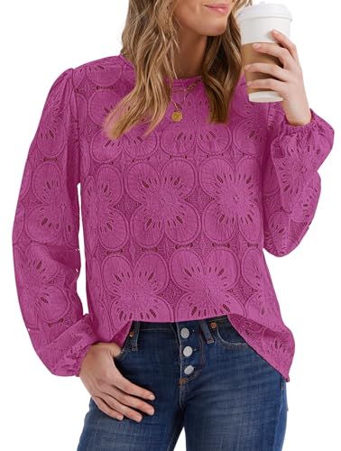 Image of OFEEFAN Blouses for Women Dressy Casual Spring Tops 2026 Summer Outfits Flower Lace Crochet Long Sleeve Shirts