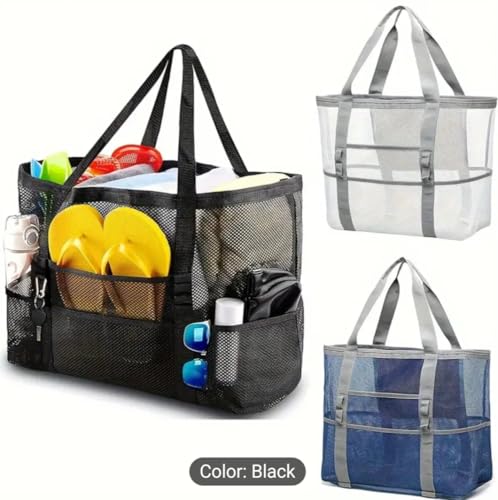 Mesh Beach Bag, Black, Portable Tote with Zipper, Multiple Pockets, See-Through Design for Pool, Beach, Travel, Large Capacity Storage2