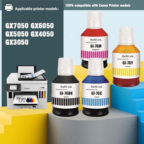 Image of KOSH GI-76 Ink Suitable Bulk Bottle Water Based Refill Ink for Canon MAXIFY GX5070,GX6070,GX7070 Printers 135ml Each Bottle (4, Black Cyan Magenta Yellow)