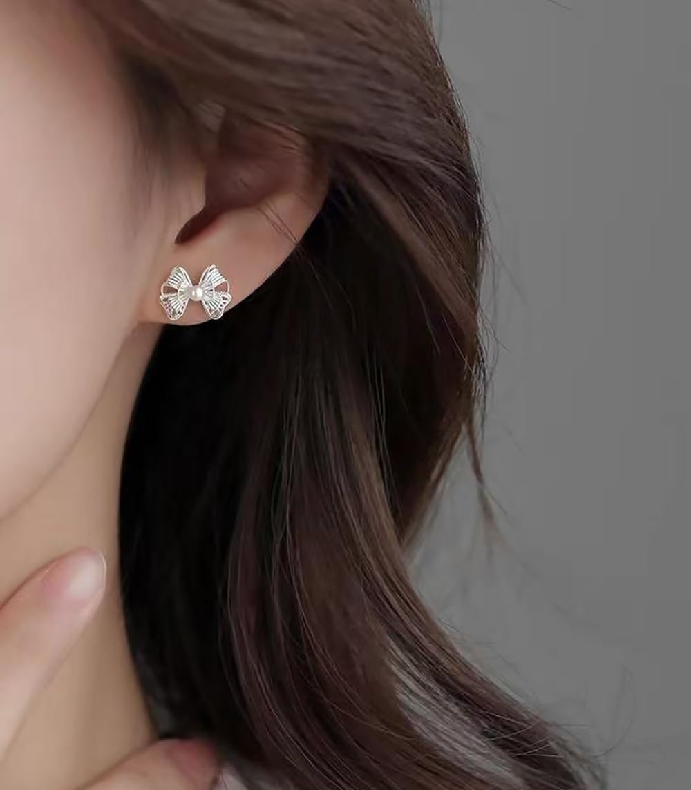 Bow Stud Earrings Ribbon for Women Teens 925 Sterling Silver Bowknot Earrings Studs Pearl Hypoallergenic - Image 3