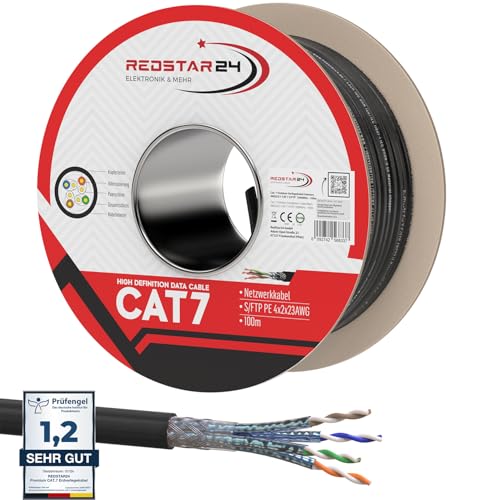 RedStar24 100m Cat7 Erdkabel Verlegekabel Outdoor Lan Kabel Installationskabel Schwarz AWG23/1 CAT 7 S/FTP Ethernet Netzwerk 1000MHz geschirmtes Datenkabel Netzwerkkabel f&uuml;r Au&szlig;enbereich UV-best&auml;ndig