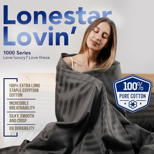 Image of TEXAS LINEN CO. 100% Egyptian Cotton Sheets Queen Size - Luxury 1000 Series Lonestar Lovin' Damask Bed Sheets Queen Size Set (4 PC, Dark Grey Stripe), Cooling, 16 inch Deep Pocket, Sateen Hotel Sheets