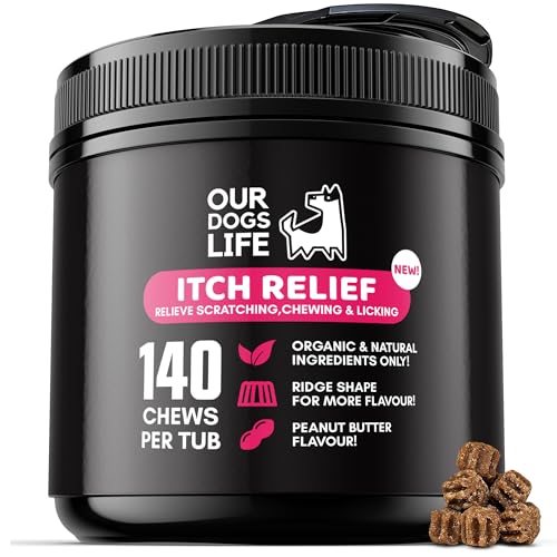 Itch Relief Supplement 140 Chews | All-Natural Organic Ridge Shape | Itchy dog skin relief, Healthy Skin & Coat Health | Veterinarian-Formulated Omega 3,6 & 9Chews | Non-GMO, No Fillers & Gluten Free