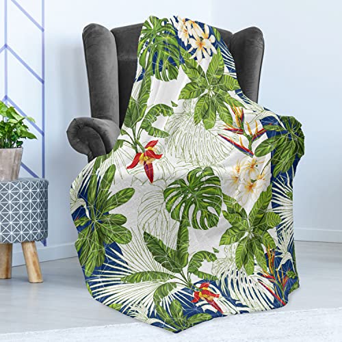 Ambesonne Exotic Garden Throw Blanket, Modern Tropical Palm Leaves Plumeria Bird Of Paradise Flowers, Flannel Fleece Accent Piece Soft Couch Cover For Adults, 50" X 60", Green And Cobalt Blue #TOP2