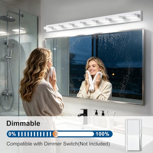Image of LED Modern Bathroom Vanity Light Fixtures, Dimmable White Vanity Lights for Bathroom Lighting Fixtures Over Mirror, with 360 Rotatable Acrylic Heads 8-Light 54-inch (Cool White 6000K)
