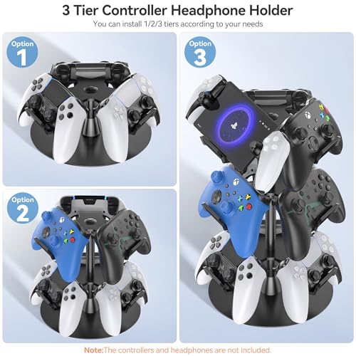 Headset Stand 3 Tiers for Desk, Rotatable Gaming Controller Stand for PS5/PS4/Xbox/Switch2/PS Portal/Phone, Universal PC Gamer Gift Accessory Controller/Headphone Holder for 9 Packs Controller - Image 3