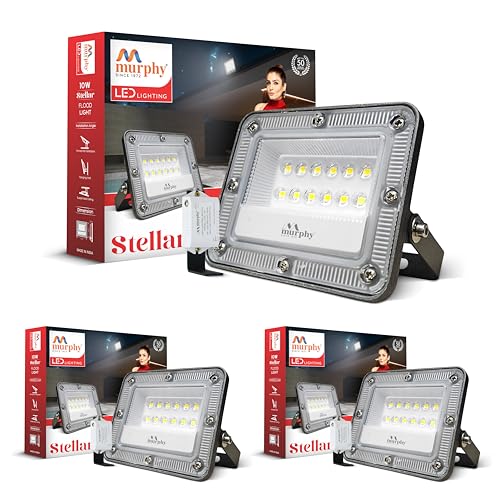 Image of Murphy Stellar 10W LED Flood Light with Day-Night Sensor & Driver, Cool White 6500K, IP66 Waterproof, Outdoor Security & Landscape Lighting, BIS Approved, 2-Year Warranty - Pack of 3