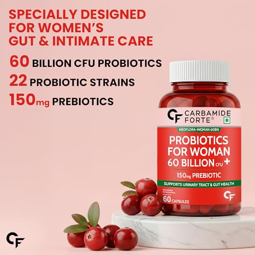 Image of Carbamide Forte Women's Probiotics Supplement 60 Billion CFU | Vaginal Probiotics & Gut Health Supplements with Cranberry Extract | 60 Veg Capsules (Pack of 2)