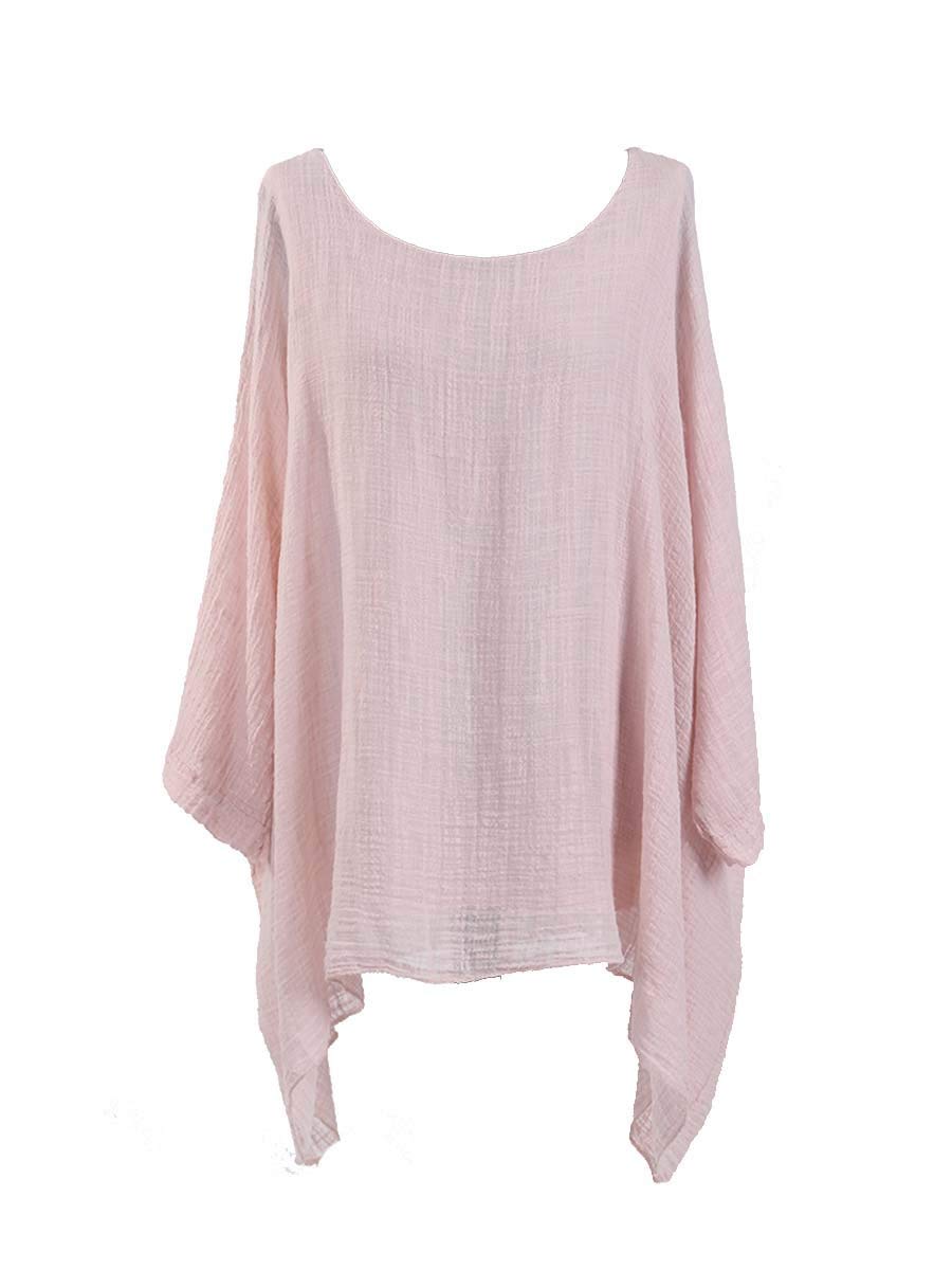 Lushstyleuk Women's Pink New Lagenlook Batwing Top Plain Linen Tunic Top Plus Sizes (Pink)