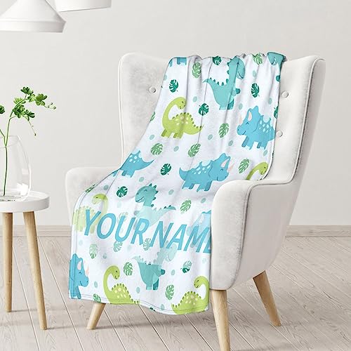 Personalized Dinosaur Blanket Gifts with Name - 50"x60" Cute Throw for Girls & Boys - Blue Soft Fuzzy Blankets for Bed, Couch & Living Room