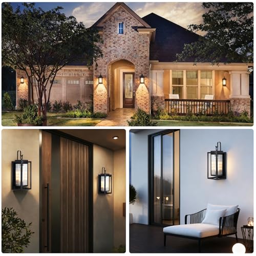 Image of 2 Pack Outdoor Wall Lights for House Exterior, 18 Inch Large Black Modern Lantern with Dual Metal Frame & Textured Glass, IP65 Waterproof (Bulbs Included)