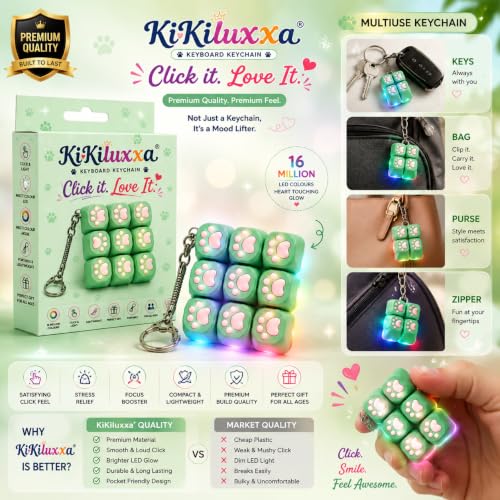 Image of KiKiluxxa Keychain with LED Light, Clicky Fidget Keychain, 9 Button Stress Relief Toy, Portable Keyring for Office, Travel & Everyday Carry -Plus Pink