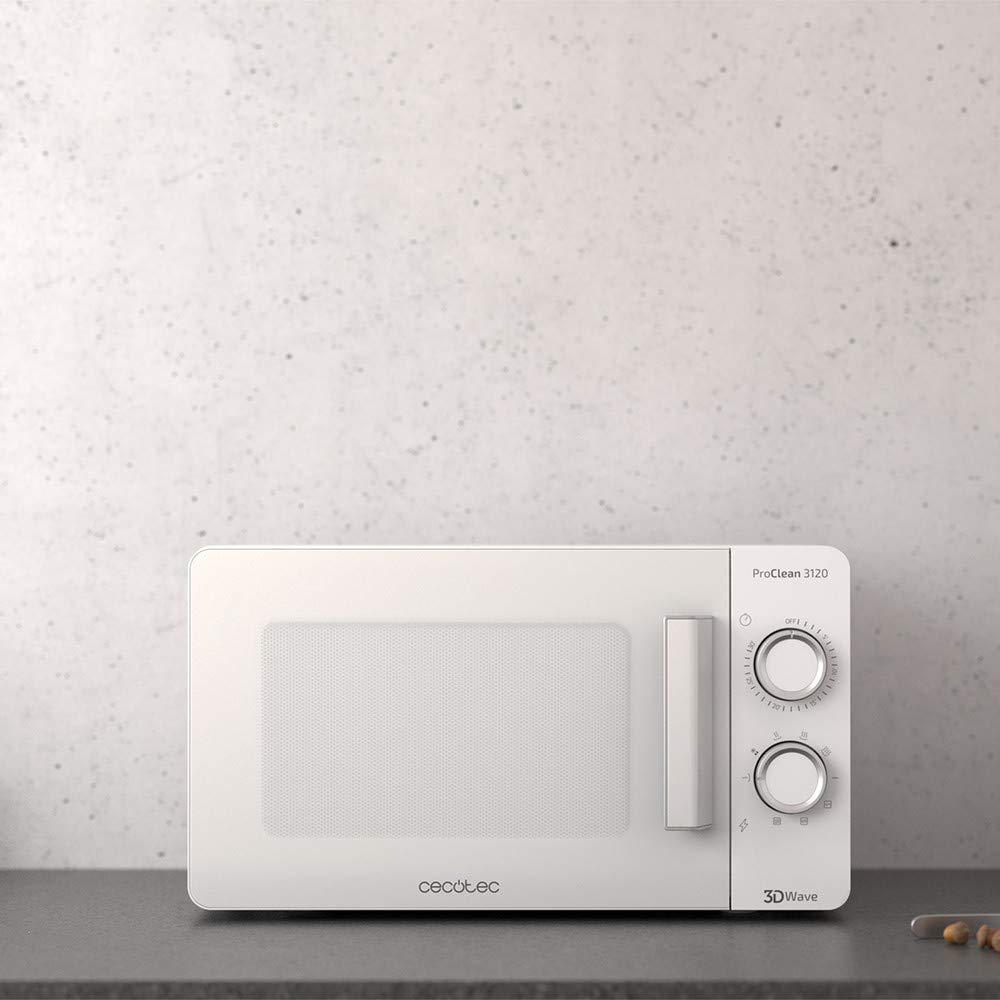 Cecotec Microondas blanco ProClean 3120. 20 L, Con Grill y Revestimiento Ready2Clean para mejor limpieza, Tecnología 3DWave, Diseño puerta FullWhite y detalles metálicos, 6 niveles
