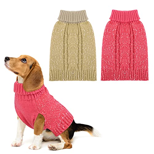 Pedgot 2 Pieces Dog Sweater Turtleneck Knitted Dog Sweater Dog Jumper Coat Warm Pet Winter Clothes Classic Cable Knit Sweater with Yarn Warm Pet Sweater for Fall Winter (Beige and Pink, L)