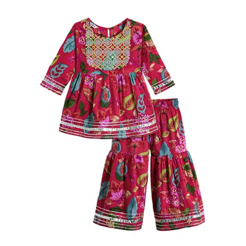 Hopscotch Girls Full Sleeves Red 2-Pc Floral Embroidered Cotton Sharara Set For Ages (6-7 Years) Deal