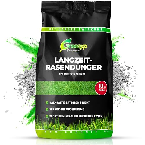 Greenyp Langzeit Rasendünger Frühjahr I 10kg für 300m² I mit Langzeitwirkung & Depotwirkung für Frühjahr bis Spätsommer I verhindert Moosbildung I NPK Dünger Rasen Dünger