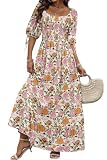LUXVEER Women Boho Maxi Dresses Summer Floral Puff Short Sleeve Square Neck Smocked A Line Casual Ruffle Tiered Flowy Fit Flare Off Shoulder Vacation Beach Long Dress Multi