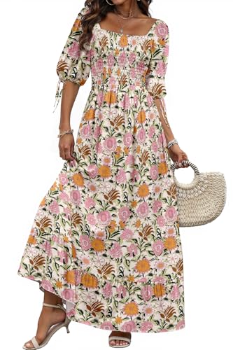 Women Boho Maxi Dresses Summer 2025 Puff Sleeve Square Neck Smocked Aline Casual Ruffle Tiered Flowy Beach Long Dress Pocket