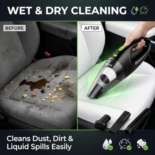 Image of SARTE Car Vacuum Cleaner 6000Pa High Suction, Wet & Dry 2-in-1, 12V DC Portable Handheld Vacuum Cleaner with HEPA Filter, Long Power Cord, Brush & Crevice Nozzle for Car Interior, Seats & Dashboard