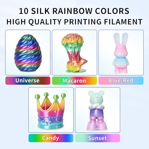 Image of RAMBERY Silk Rainbow PLA 3D Printer Filament Bundle, 10 Colors Total 10kg, 1.75mm Multicolor Gradient 3D Printing Filament for Most FDM 3D Printers, 1KG Spool (2.2lbs) x 10 PCS