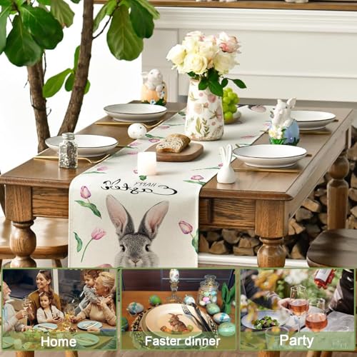 Scinzene Mode Tulpe Hase Ostern Tischläufer, Saisonnal Frühling Waschbar Küche Esstisch Dekoration Drinnen Urlaub Party Dekor 40x140 cm, Ostern Deko, Frühling Tischläufer, Deko Ostern