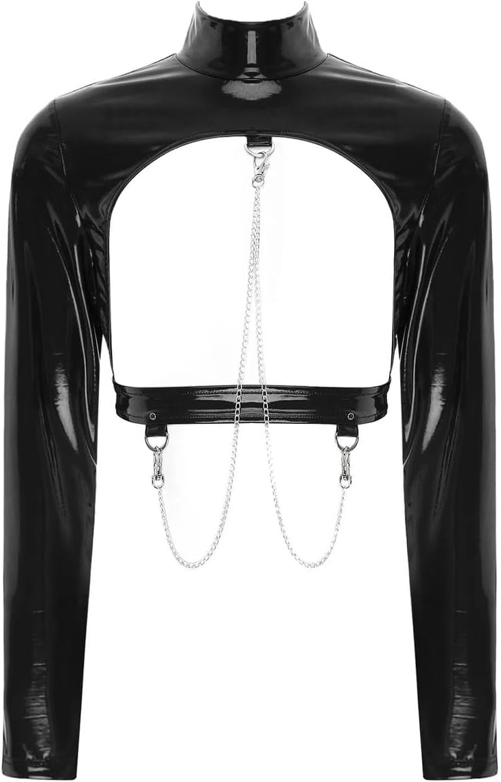 Womens Lingerie Open Chest Glossy Patent Leather Crop Top Metal Chains Stand Collar Hollow Out Back Zipper Crop