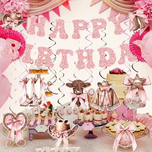 Image of Yunlly Cowgirl Birthday Party Decorations Pink Bow Happy Birthday Banner Western Hanging Coquette Swirls Disco Balloon Rodeo Bachelorette Decor Supplies for Women Baby Shower Birthady Party Favors