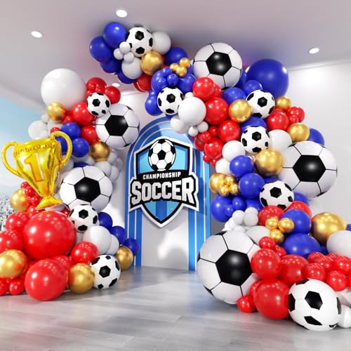 Image of Soccer Party Decorations 161Pcs, World Soccer Balloon Garland Arch Kit with 18'' Football Foil Balloons, Blue Red White Football Print Balloons for Boys Sports Fan Birthday Soccer Party Decor