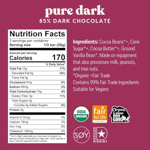 Image of Theo Chocolate Pure Organic Dark Chocolate Bar 85% Cacao, 12 Pack | Vegan, Fair Trade