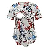 Pregnant Women Stripe Print Floral Blouse Nusring Maternity T Shirts Short Sleeve Tops White