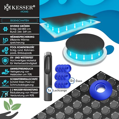 KESSER® Pool Solarabdeckplane Rund Ø 366 cm, Solarfolie 120 µm, Solarabdeckung Solarplane zuschneidbar, Poolheizung Wassererwärmung Wärmeplane, Poolsolarplane mit 1x Schere, 1x Lochzange & 12x Ösen